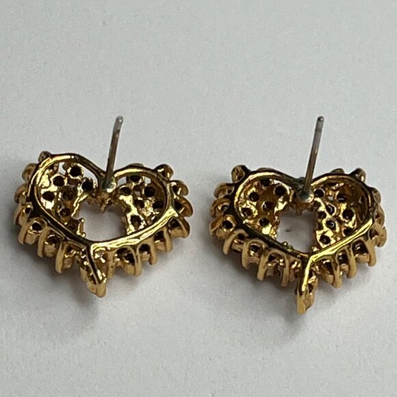 Vintage Gold Heart-Shaped Rhinestone Earrings Stud Jewelry - Picture 5 of 6